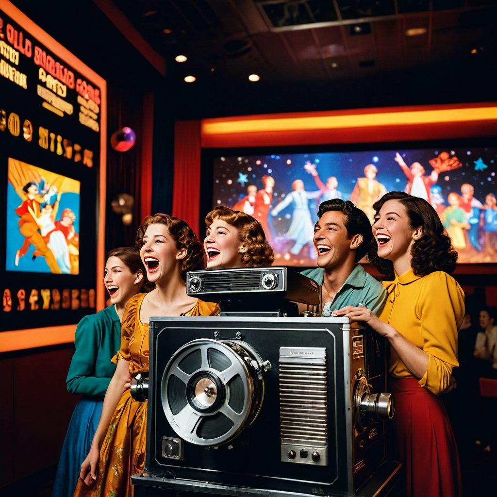 A vibrant movie theater scene filled with diverse people laughing and enjoying a film together, with colorful film reels and whimsical characters dancing around them. In the foreground, a large vintage film projector casts light, creating a magical atmosphere. The background features iconic film posters with joyful imagery and bright colors. super-realistic. vibrant colors. 3D.