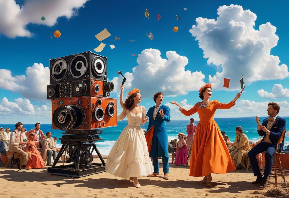 A vibrant movie set bustling with activity, featuring a cheerful director giving instructions, colorful actors in lively costumes preparing for a scene, and crew members handling camera equipment. The backdrop showcases a bright blue sky and fluffy white clouds, symbolizing creativity and joy in film production. Add a hint of whimsical elements like floating film reels and musical notes to enhance the magical atmosphere. super-realistic. vibrant colors. dynamic composition.
